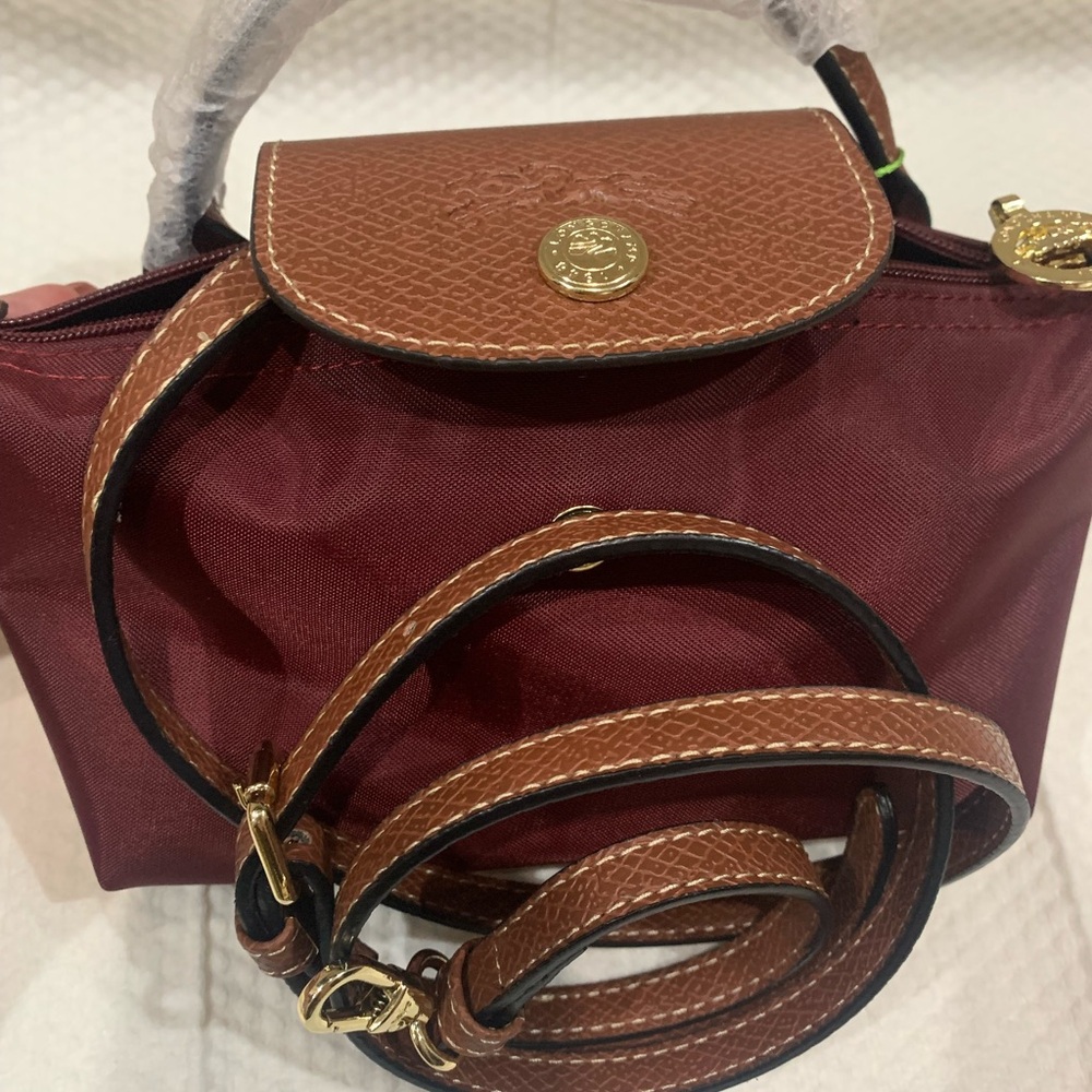 Longchamp small top-handle mini tote in burgundy with brown flap - Picture 3 of 4